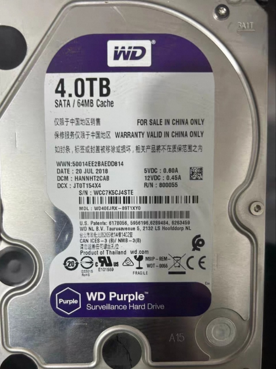Purple 4TB Internal SATA Monitoring Hard Drive WD40EJRX-89T1XY0 3.5