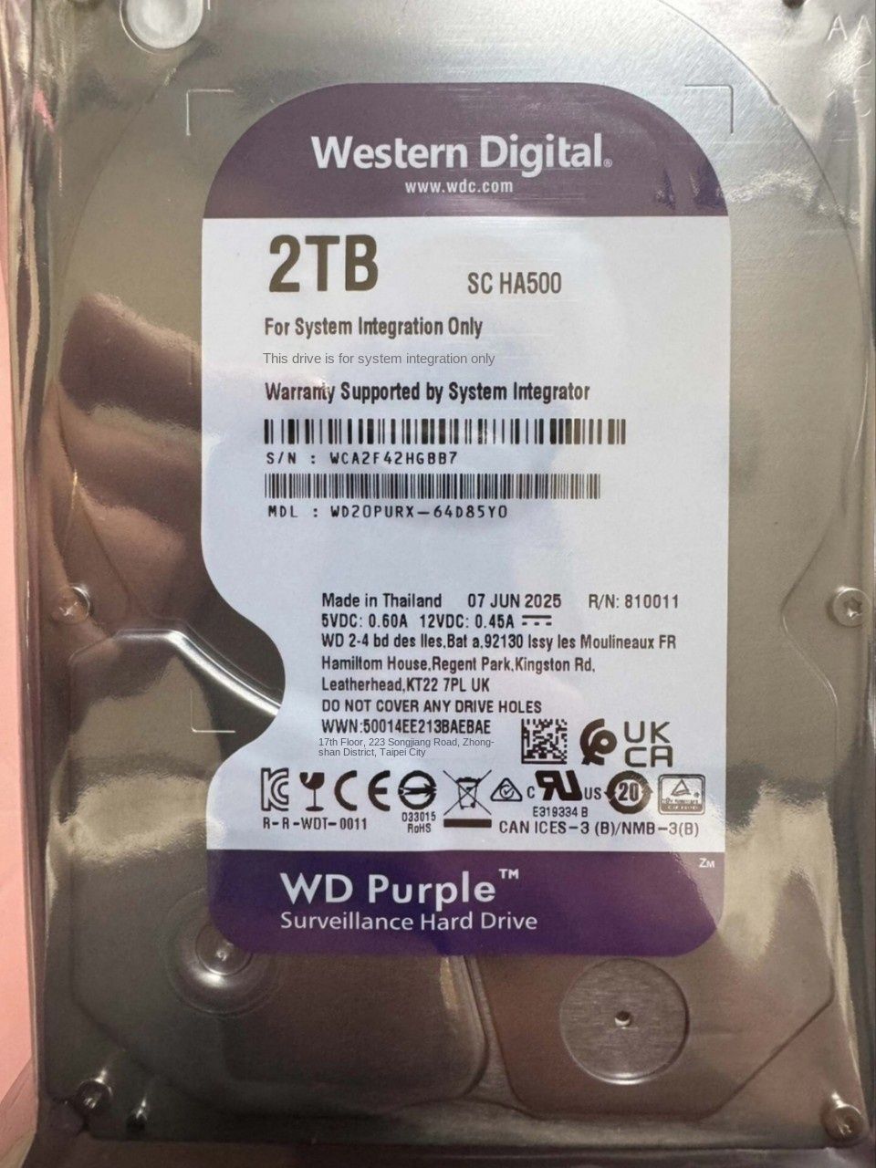 WD20PURX-64B5ZY0 Purple 2TB Internal SATA Mechanical Hard Drive with 64MB Cache 3.5"